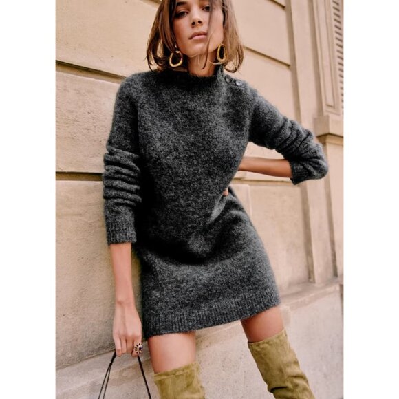 Sezane Dresses & Skirts - EUC Sézane Polly Wool Mohair Button Detail Sweater Dress Charcoal Grey XS